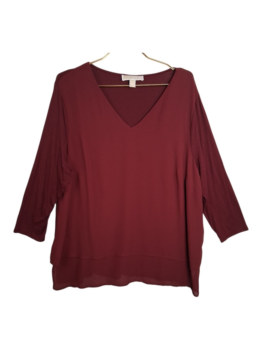 Michael Kors 1X Plus Size Top Burgundy Maroon V-Neck 3/4 Sleeve Blouse Layered